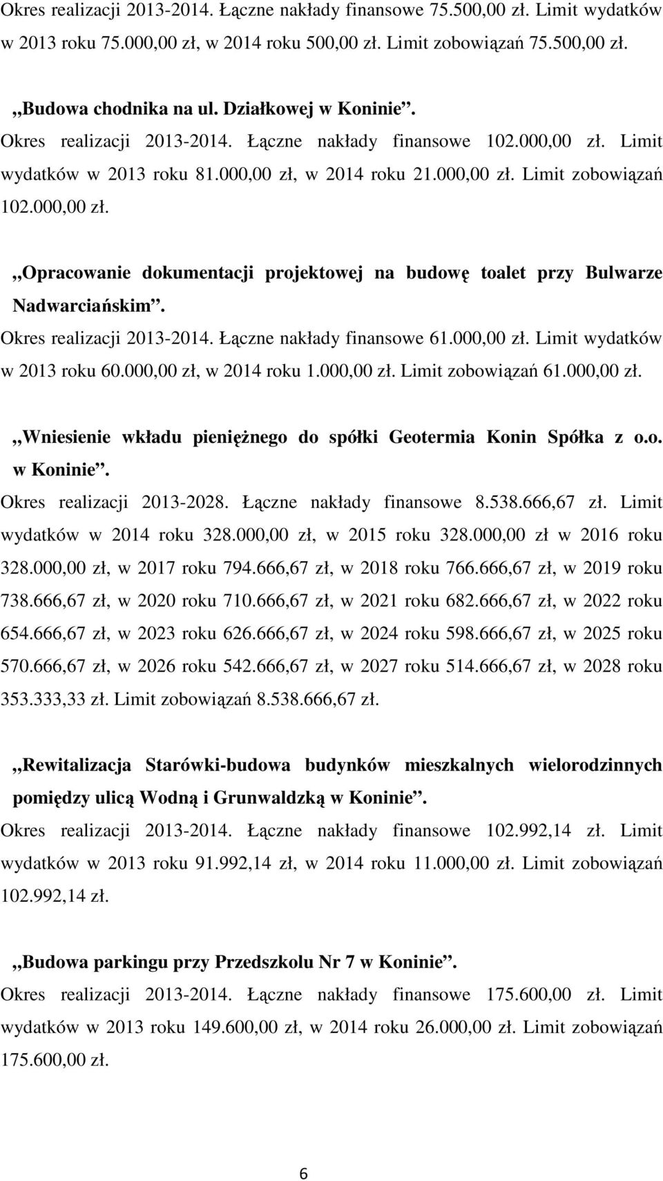 Okres realizacji 2013-2014. Łączne nakłady finansowe 61.000,00 zł. Limit wydatków w 2013 roku 60.000,00 zł, w 2014 roku 1.000,00 zł. Limit zobowiązań 61.000,00 zł. Wniesienie wkładu pieniężnego do spółki Geotermia Konin Spółka z o.