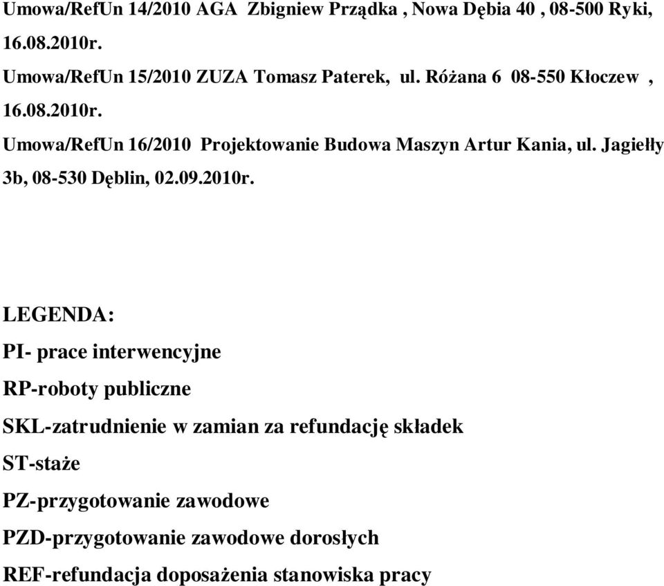 Umowa/RefUn 16/2010 Projektowanie Budowa Maszyn Artur Kania, ul. Jagie y 3b, 08-530 D blin, 02.09.2010r.