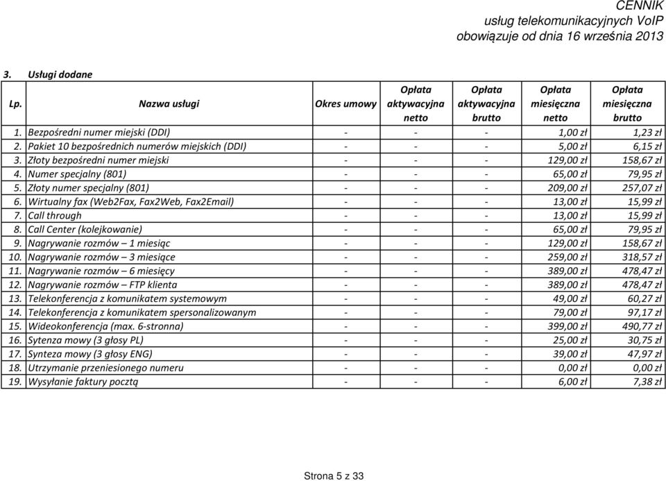 Numer specjalny (801) - - - 65,00 zł 79,95 zł 5. Złoty numer specjalny (801) - - - 209,00 zł 257,07 zł 6. Wirtualny fax (Web2Fax, Fax2Web, Fax2Email) - - - 13,00 zł 15,99 zł 7.