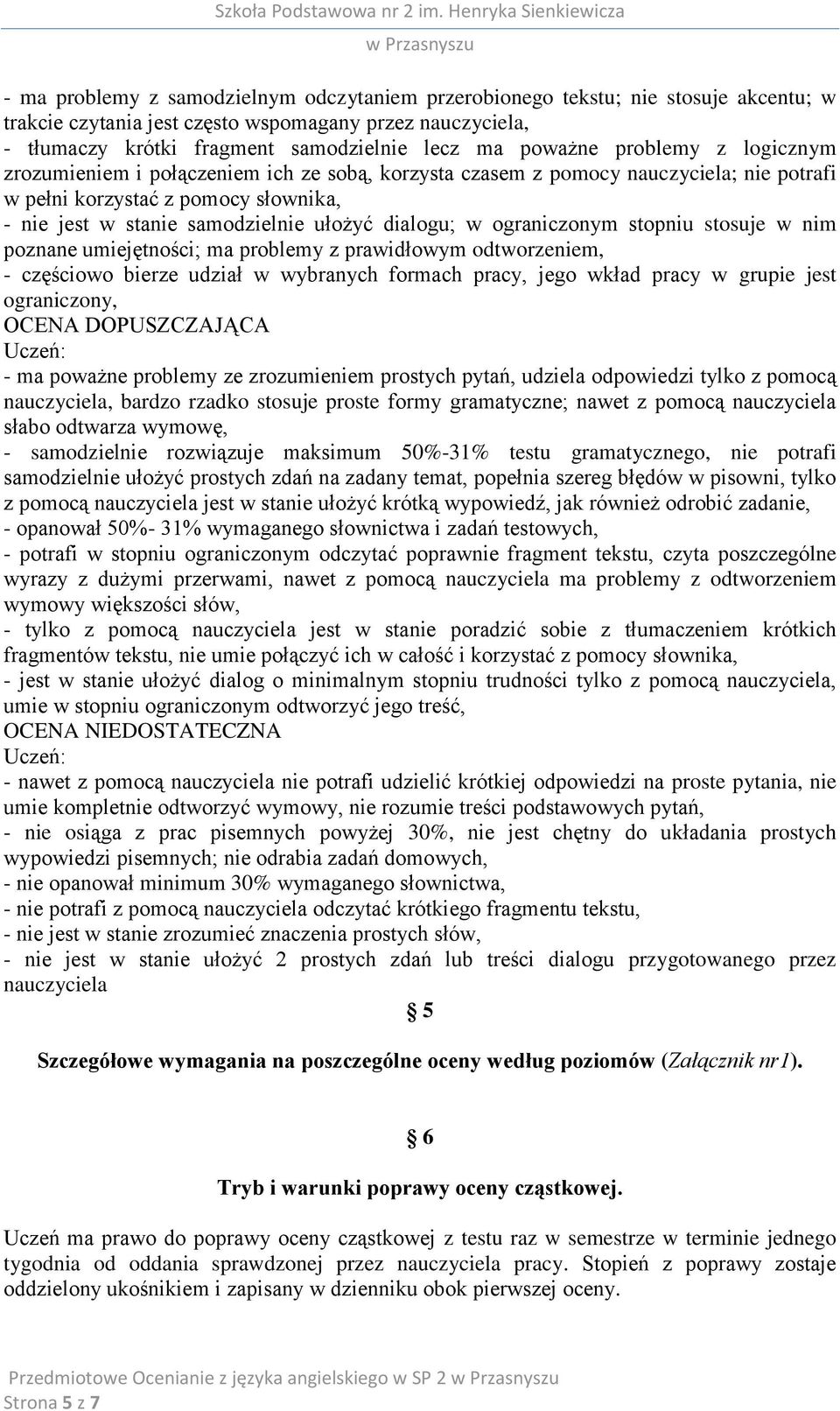 dialogu; w ograniczonym stopniu stosuje w nim poznane umiejętności; ma problemy z prawidłowym odtworzeniem, - częściowo bierze udział w wybranych formach pracy, jego wkład pracy w grupie jest