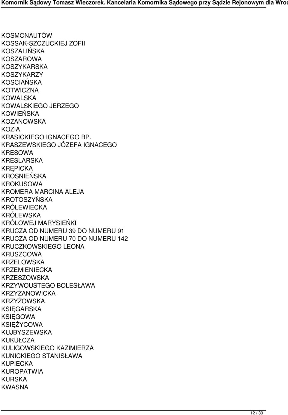 KRASZEWSKIEGO JÓZEFA IGNACEGO KRESOWA KRESLARSKA KRĘPICKA KROSNIEŃSKA KROKUSOWA KROMERA MARCINA ALEJA KROTOSZYŃSKA KRÓLEWIECKA KRÓLEWSKA KRÓLOWEJ MARYSIEŃKI KRUCZA