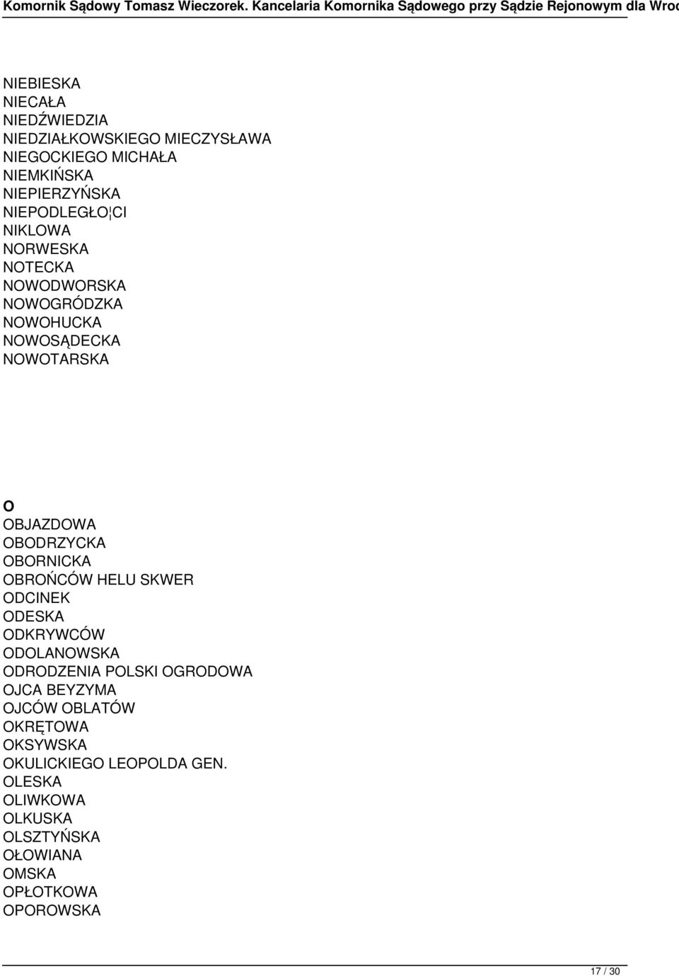 OBODRZYCKA OBORNICKA OBROŃCÓW HELU SKWER ODCINEK ODESKA ODKRYWCÓW ODOLANOWSKA ODRODZENIA POLSKI OGRODOWA OJCA