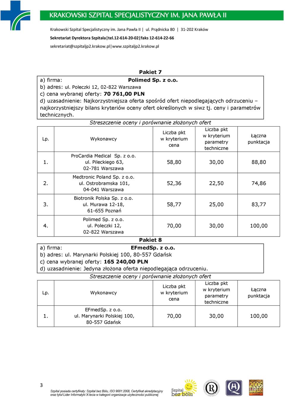 Biotronik Polska Sp. z o.o. ul. Murawa 12-18, 61-655 Poznań Polimed Sp. z o.o. ul. Poleczki 12, 02-822 Warszawa 52,36 22,50 74,86 58,77 25,00 83,77 Pakiet 8 a) firma: EFmedSp.