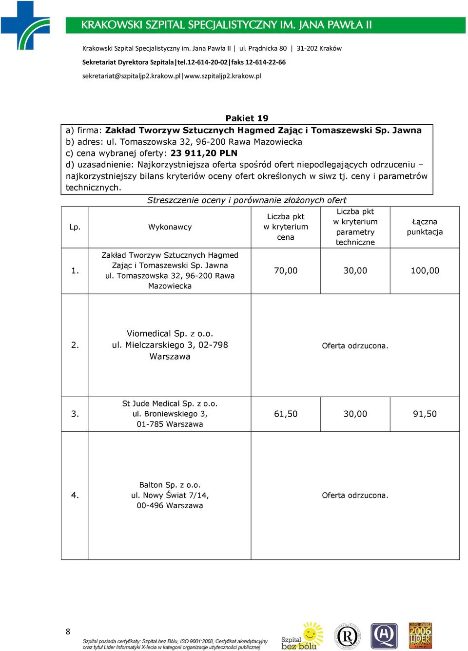 Tomaszowska 32, 96-200 Rawa Mazowiecka c) wybranej oferty: 23 911,20 PLN Zakład Tworzyw Sztucznych Hagmed Zając i Tomaszewski Sp.