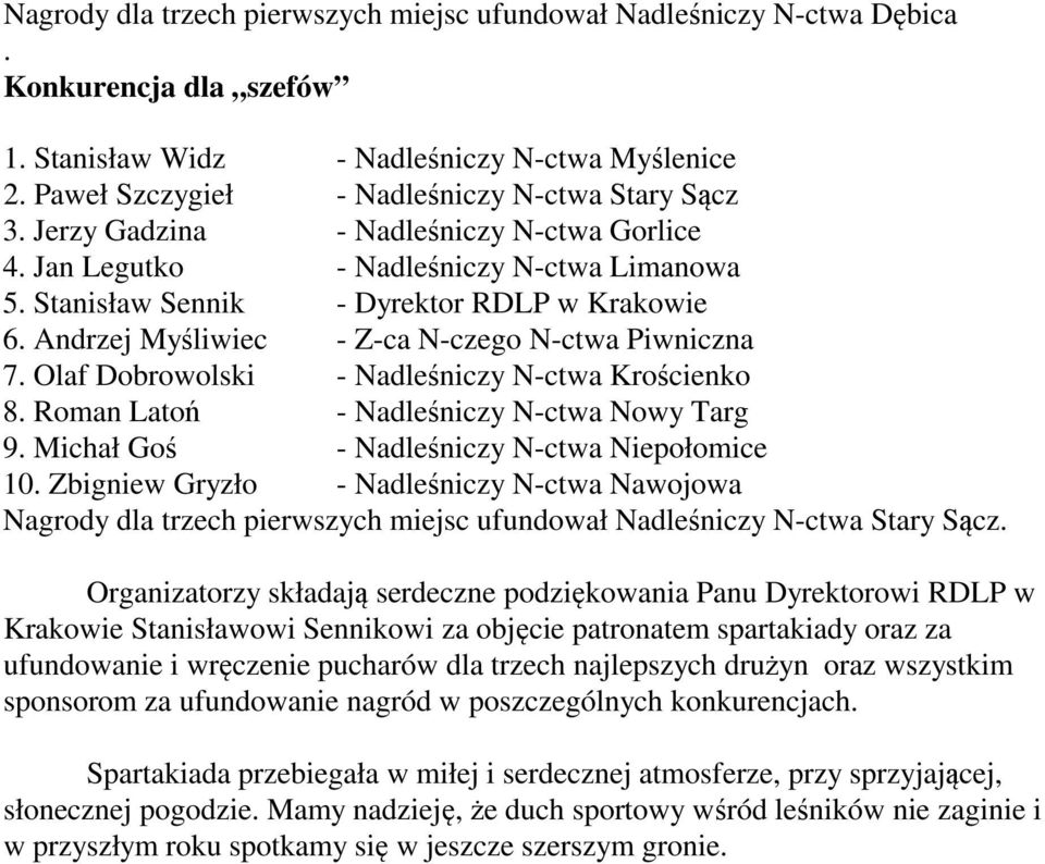 Olaf Dobrowolski - Nadleśniczy N-ctwa Krościenko 8. Roman Latoń - Nadleśniczy N-ctwa Nowy Targ 9. Michał Goś - Nadleśniczy N-ctwa Niepołomice 10.