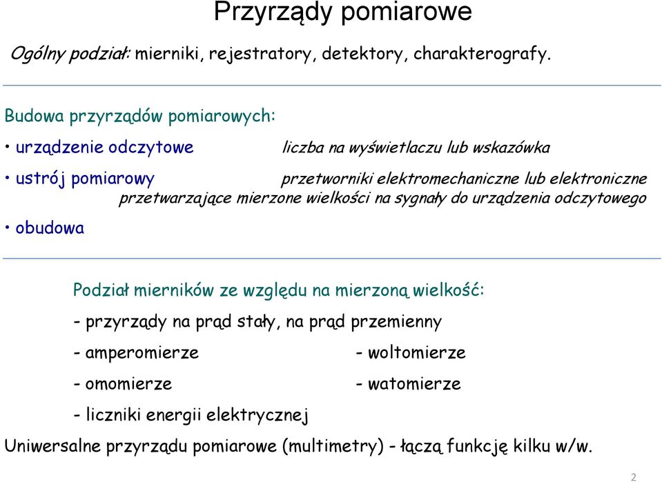 elektroniczne przetwarzające mierzone wielkości na sygnały do urządzenia odczytowego obudowa Podział mierników ze względu na mierzoną wielkość: