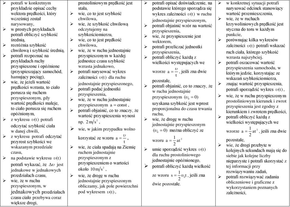 prędkości maleje o ciało porusza się ruchem opóźnionym z wykresu () porafi odczyać szybkość ciała w danej chwili z wykresu porafi odczyać przyros szybkości we wskazanym przedziale czasu na podsawie