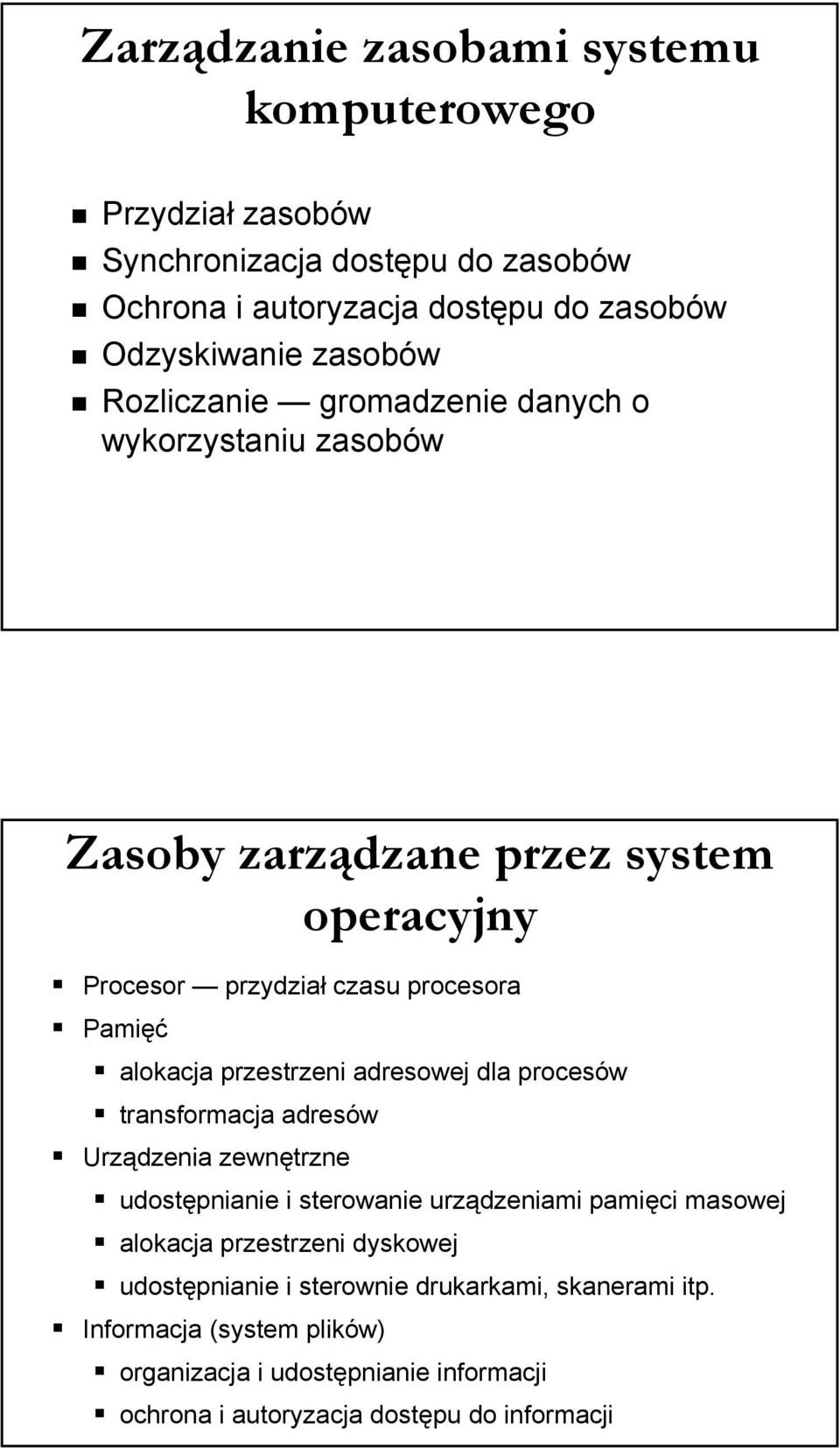 przestrzeni adresowej dla procesów transformacja adresów Urządzenia zewnętrzne udostępnianie i sterowanie urządzeniami pamięci masowej alokacja przestrzeni