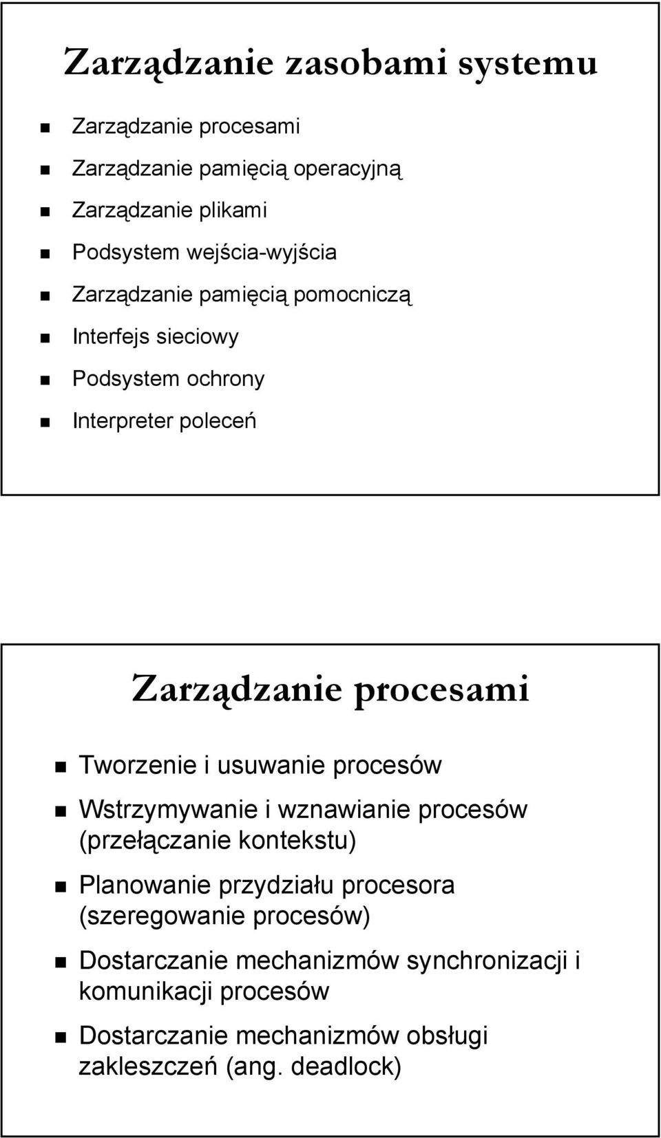 Tworzenie i usuwanie procesów Wstrzymywanie i wznawianie procesów (przełączanie kontekstu) Planowanie przydziału procesora