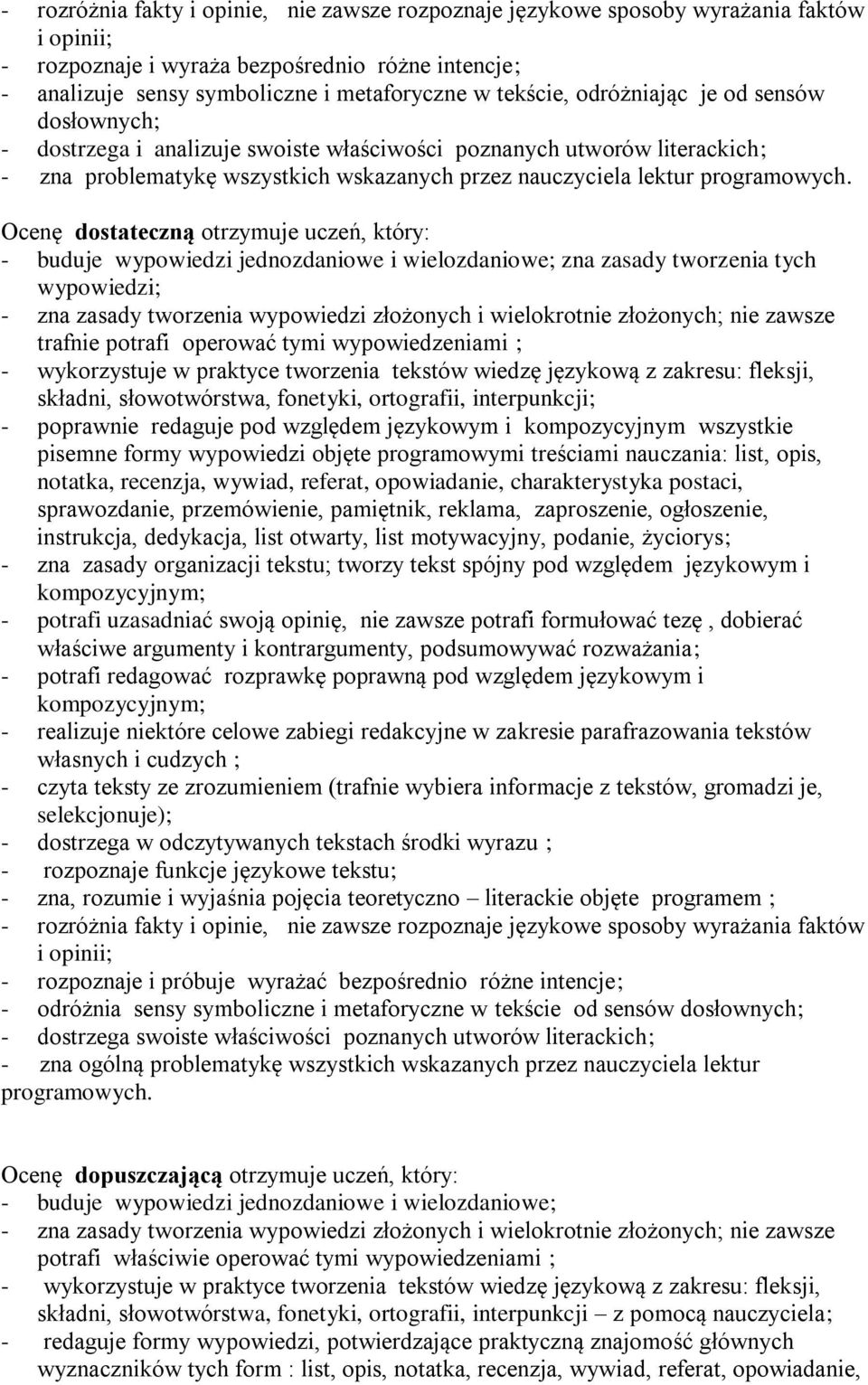 Ocenę dostateczną otrzymuje uczeń, który: - buduje wypowiedzi jednozdaniowe i wielozdaniowe; zna zasady tworzenia tych wypowiedzi; - zna zasady tworzenia wypowiedzi złożonych i wielokrotnie