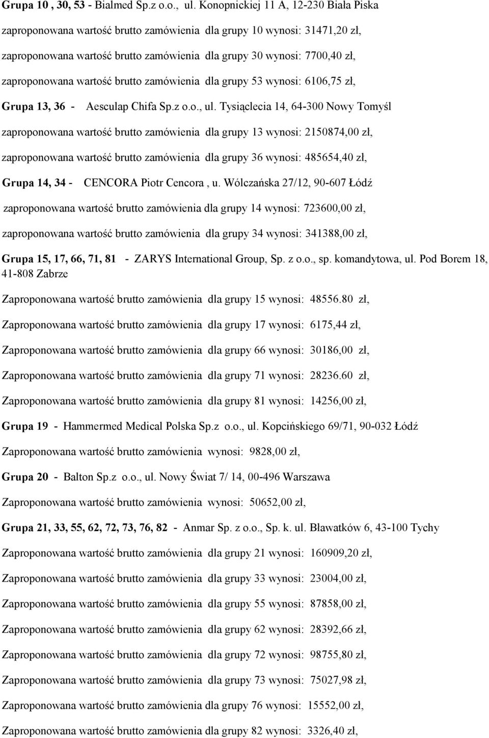 wartość brutto zamówienia dla grupy 53 wynosi: 6106,75 zł, Grupa 13, 36 - Aesculap Chifa Sp.z o.o., ul.