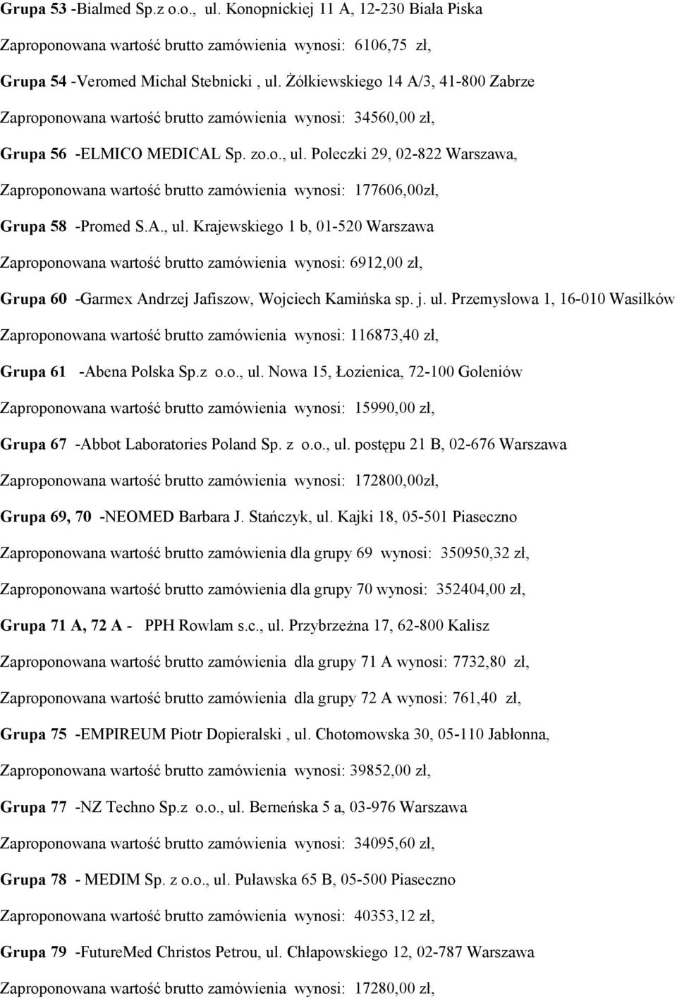Poleczki 29, 02-822 Warszawa, Zaproponowana wartość brutto zamówienia wynosi: 177606,00zł, Grupa 58 -Promed S.A., ul.