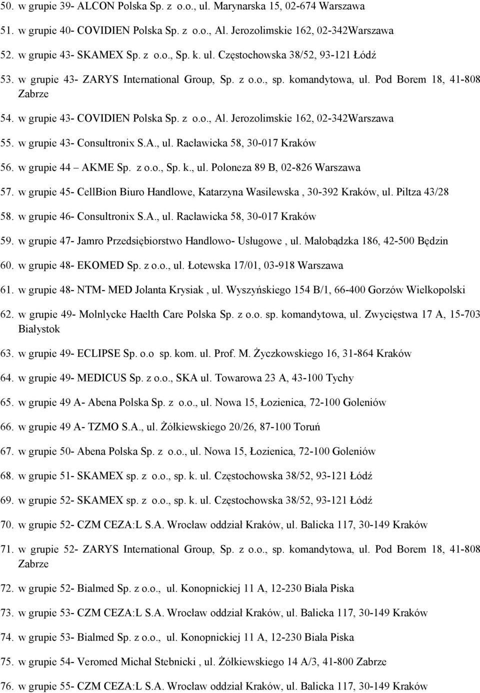 Racławicka 58, 30-017 Kraków 56. w grupie 44 AKME Sp. z o.o., Sp. k., ul. Poloneza 89 B, 02-826 Warszawa 57. w grupie 45- CellBion Biuro Handlowe, Katarzyna Wasilewska, 30-392 Kraków, ul.