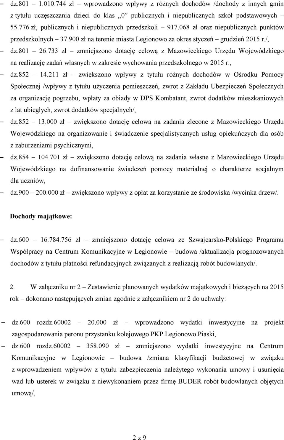 733 zł zmniejszono dotację celową z Mazowieckiego Urzędu Wojewódzkiego na realizację zadań własnych w zakresie wychowania przedszkolnego w 2015 r., dz.852 14.
