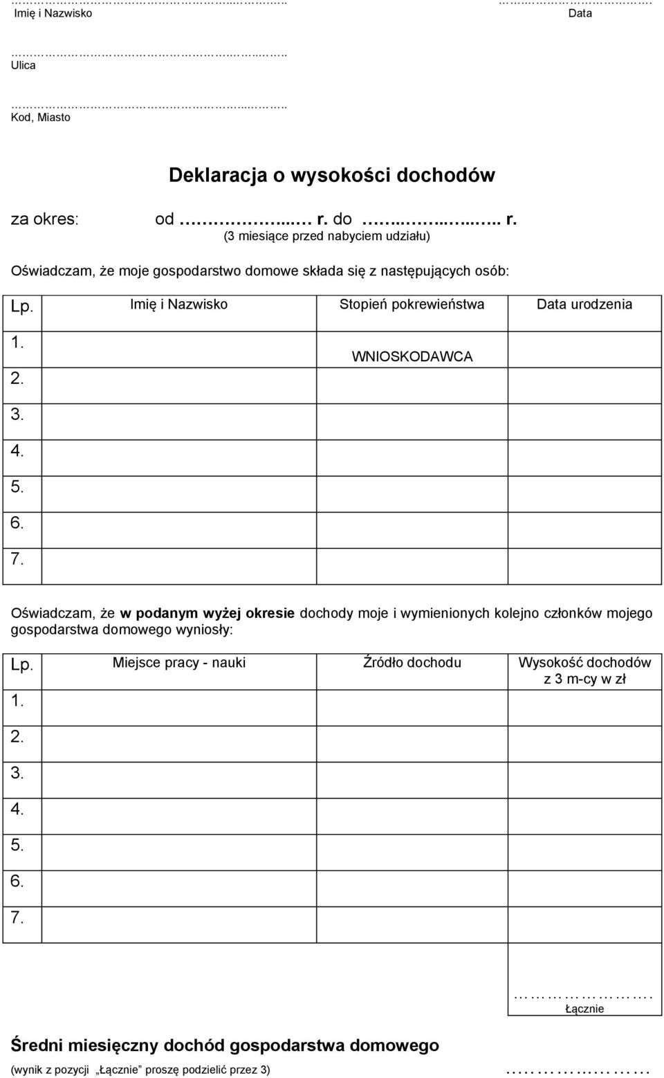 Imię i Nazwisko Stopień pokrewieństwa Data urodzenia 1. 2. WNIOSKODAWCA 3. 4. 5. 6. 7.