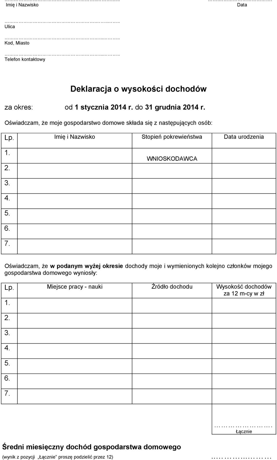 Oświadczam, że w podanym wyżej okresie dochody moje i wymienionych kolejno członków mojego gospodarstwa domowego wyniosły: Lp.