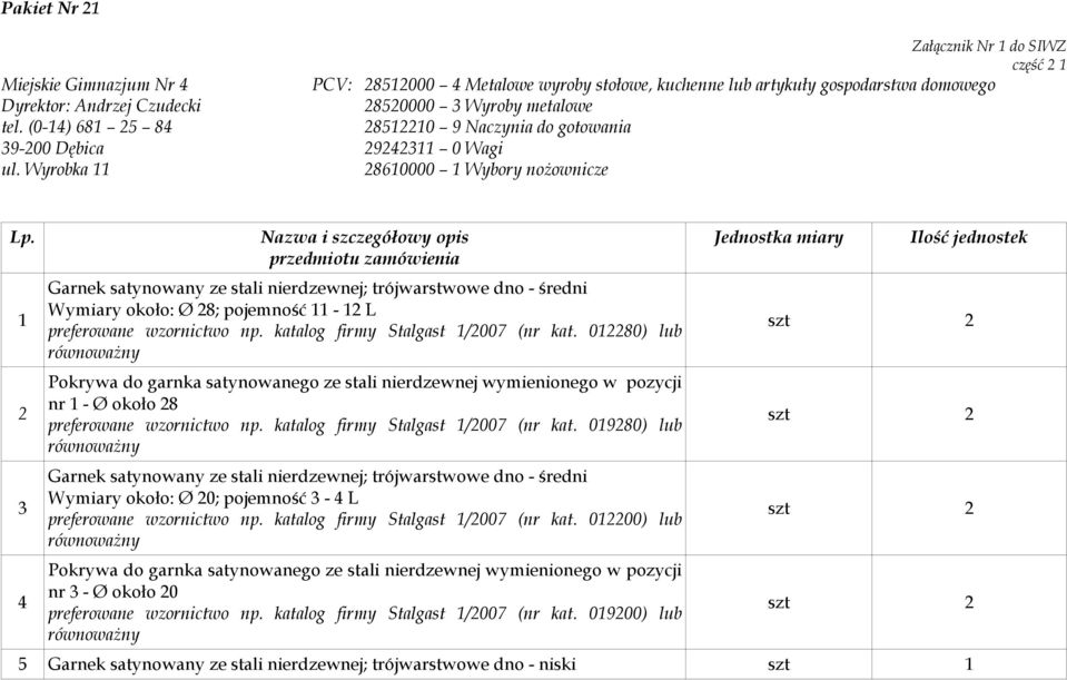 1 2 3 4 Garnek satynowany ze stali nierdzewnej; trójwarstwowe dno - średni Wymiary około: Ø 28; pojemność 11-12 L preferowane wzornictwo np. katalog firmy Stalgast 1/2007 (nr kat.