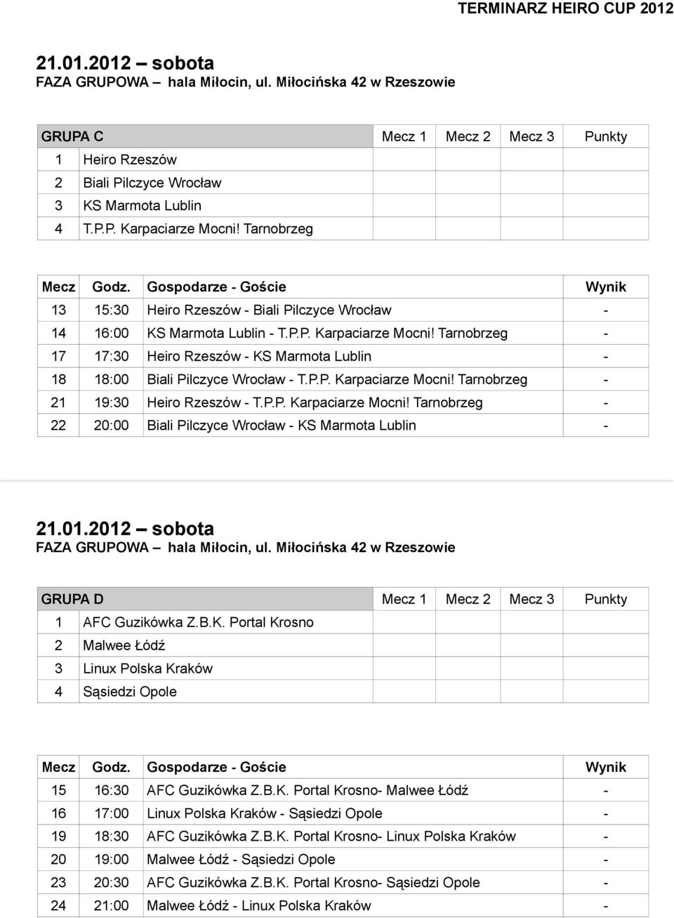 Tarnobrzeg - 17 17:30 Heiro Rzeszów - KS Marmota Lublin - 18 18:00 Biali Pilczyce Wrocław - T.P.P. Karpaciarze Mocni!