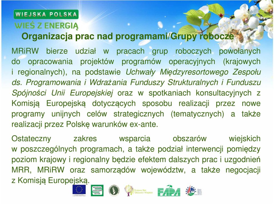 Programowania i Wdrażania Funduszy Strukturalnych i Funduszu Spójności Unii Europejskiej oraz w spotkaniach konsultacyjnych z Komisją Europejską dotyczących sposobu realizacji przez nowe