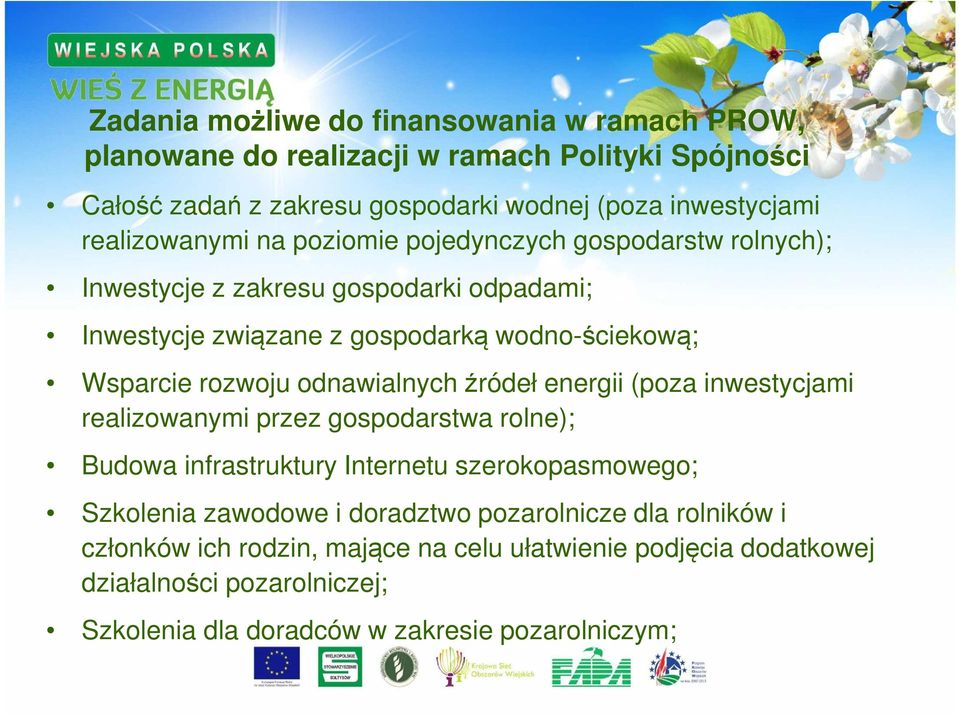 rozwoju odnawialnych źródeł energii (poza inwestycjami realizowanymi przez gospodarstwa rolne); Budowa infrastruktury Internetu szerokopasmowego; Szkolenia zawodowe i