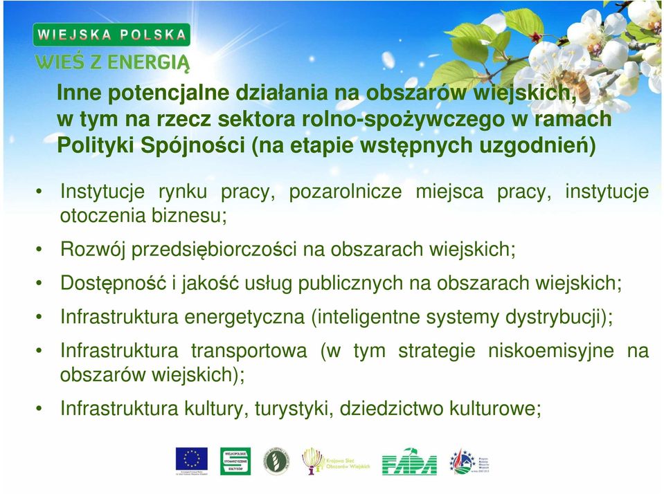 obszarach wiejskich; Dostępność i jakość usług publicznych na obszarach wiejskich; Infrastruktura energetyczna (inteligentne systemy