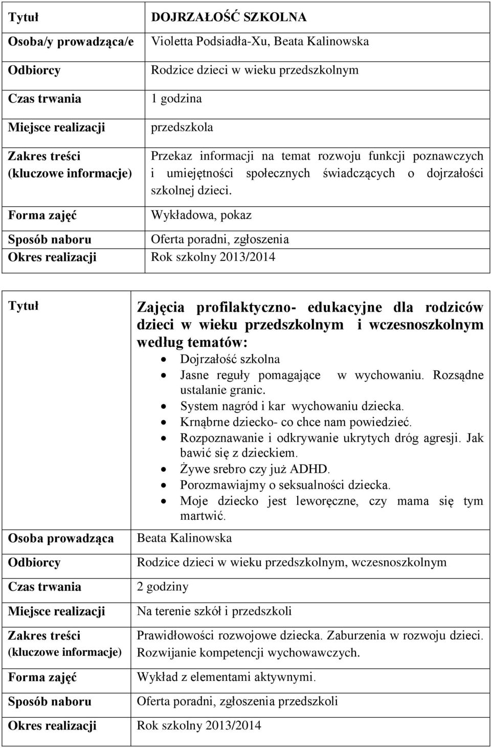 Wykładowa, pokaz Oferta poradni, zgłoszenia Zajęcia profilaktyczno- edukacyjne dla rodziców dzieci w wieku przedszkolnym i wczesnoszkolnym według tematów: Dojrzałość szkolna Jasne reguły pomagające w