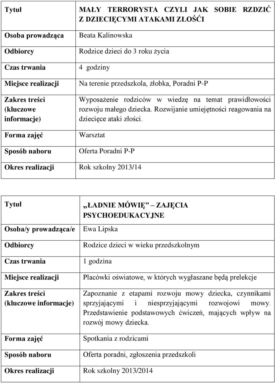 Warsztat Oferta Poradni P-P Okres realizacji Rok szkolny 2013/14 ŁADNIE MÓWIĘ ZAJĘCIA PSYCHOEDUKACYJNE Ewa Lipska Rodzice dzieci w wieku przedszkolnym 1 godzina Placówki oświatowe, w