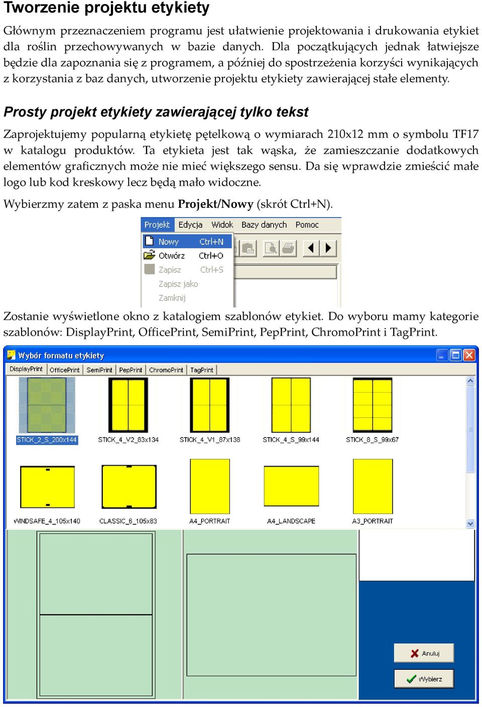 stałe elementy. Prosty projekt etykiety zawierającej tylko tekst Zaprojektujemy popularną etykietę pętelkową o wymiarach 210x12 mm o symbolu TF17 w katalogu produktów.