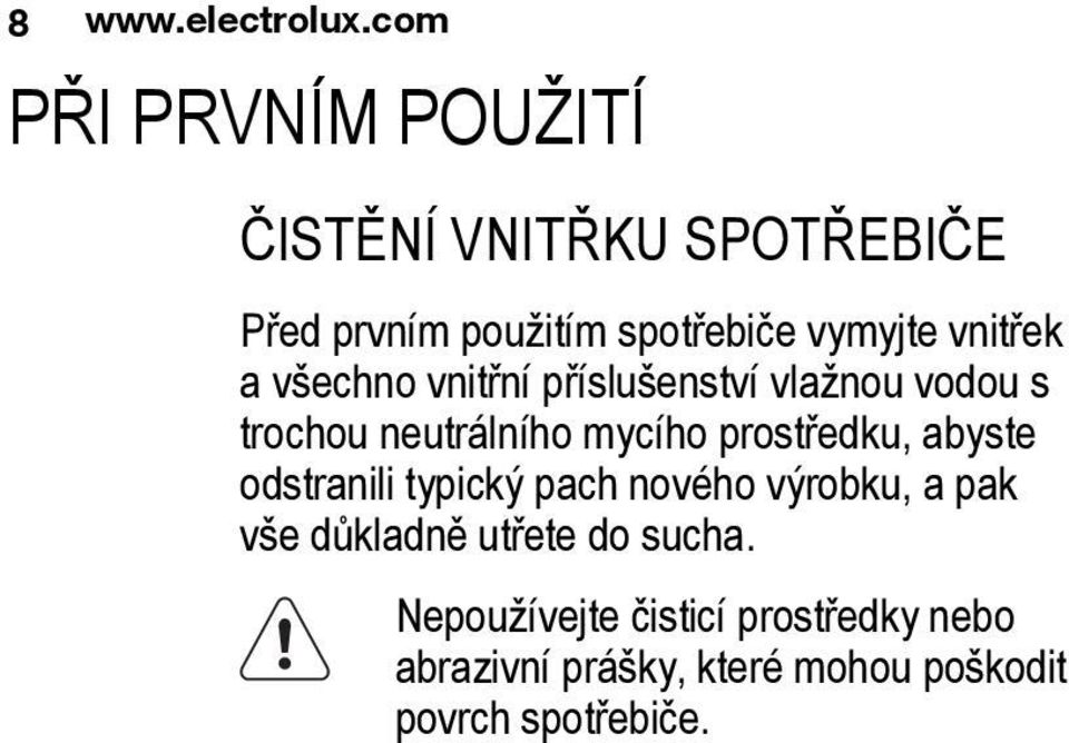 vnitřek a všechno vnitřní příslušenství vlažnou vodou s trochou neutrálního mycího prostředku,