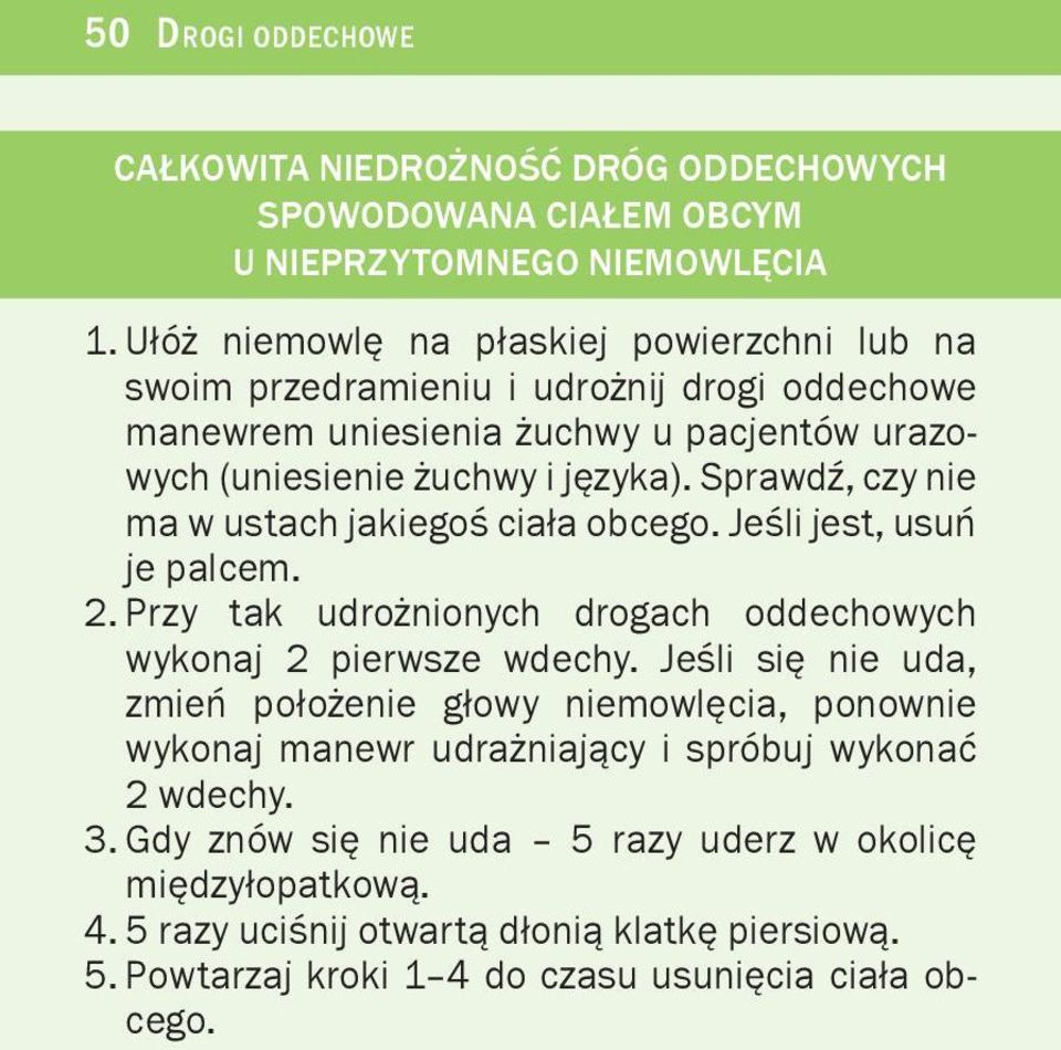 SprawdŸ, czy nie ma w ustach jakiegoœ cia³a obcego. Jeœli jest, usuñ je palcem. 2. Przy tak udro nionych drogach oddechowych wykonaj 2 pierwsze wdechy.