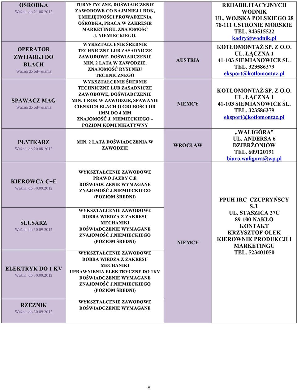943515522 kadry@wodnik.pl KOTŁOMONTAŻ SP. Z O.O. UL. ŁĄCZNA 1 41-103 SIEMIANOWICE ŚL. TEL. 323586379 eksport@kotlomontaz.pl SPAWACZ MAG TECHNICZNE LUB ZASADNICZE ZAWODOWE, DOŚWIADCZENIE MIN.