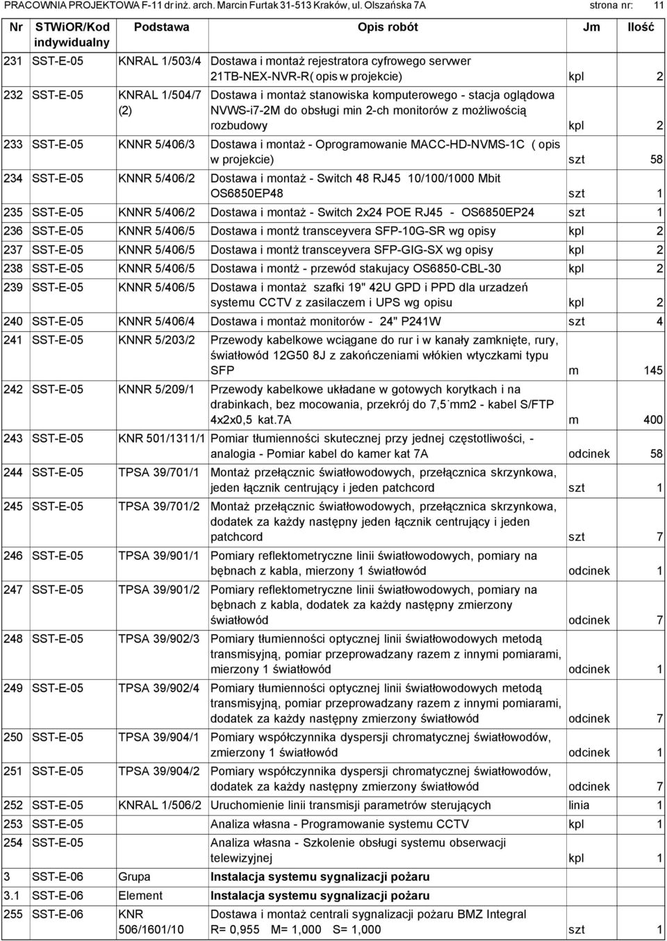 komputerowego - stacja oglądowa NVWS-i7-2M do obsługi min 2-ch monitorów z możliwością rozbudowy kpl 2 233 SST-E-05 KNNR 5/406/3 Dostawa i montaż - Oprogramowanie MACC-HD-NVMS-1C ( opis w projekcie)
