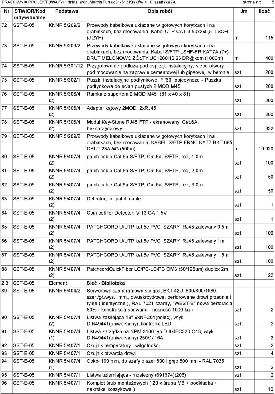 3 50x2x0,5 LSOH (J-2YH) m 115 73 SST-E-05 KNNR 5/209/2 Przewody kabelkowe układane w gotowych korytkach i na drabinkach, bez mocowania, Kabel S/FTP LSHF-FR KAT7A (7+) DRUT MELONOWO ŻÓŁTY UC1200HS 23