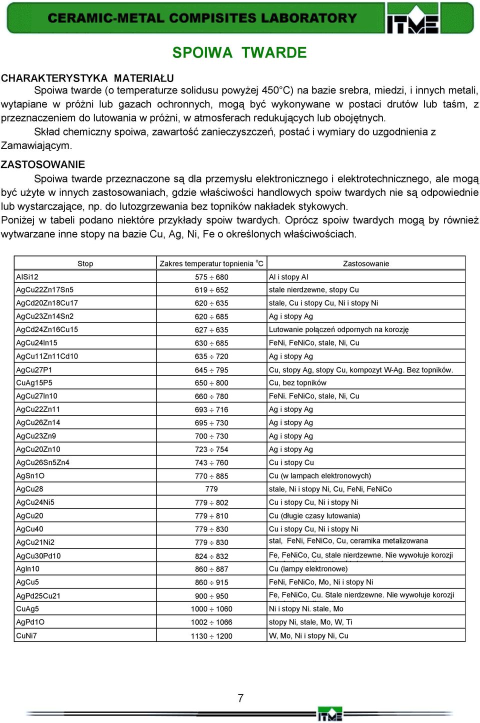 ZASTOSOWANIE Spoiwa twarde przeznaczone są dla przemysłu elektronicznego i elektrotechnicznego, ale mogą być użyte w innych zastosowaniach, gdzie właściwości handlowych spoiw twardych nie są