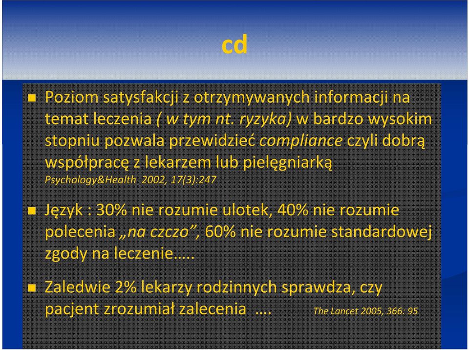 pielęgniarką Psychology&Health 2002, 17(3):247 Język : 30% nie rozumie ulotek, 40% nie rozumie polecenia na