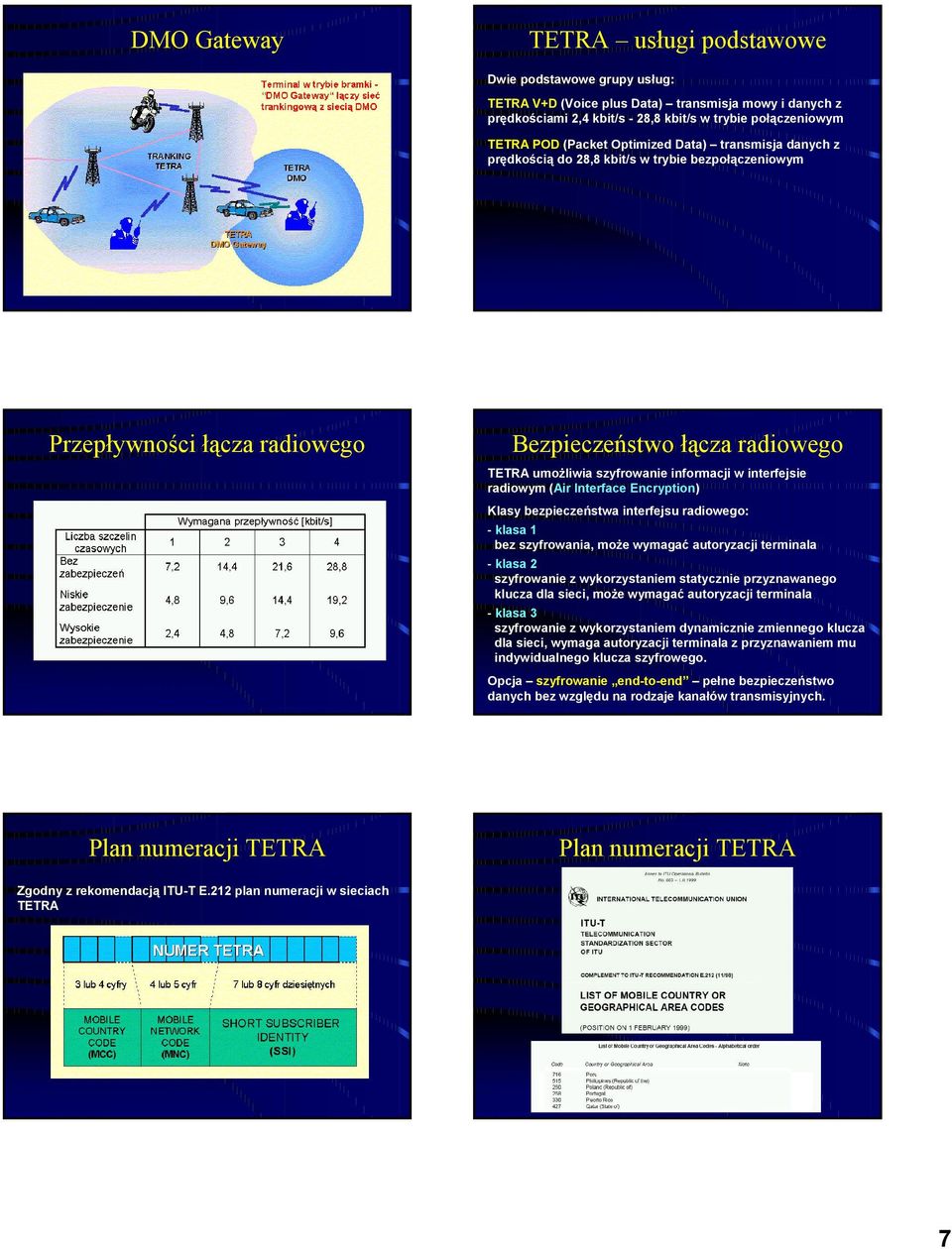 interfejsie radiowym (Air Interface Encryption) Klasy bezpieczeństwa interfejsu radiowego: - klasa 1 bez szyfrowania, może wymagać autoryzacji terminala - klasa 2 szyfrowanie z wykorzystaniem