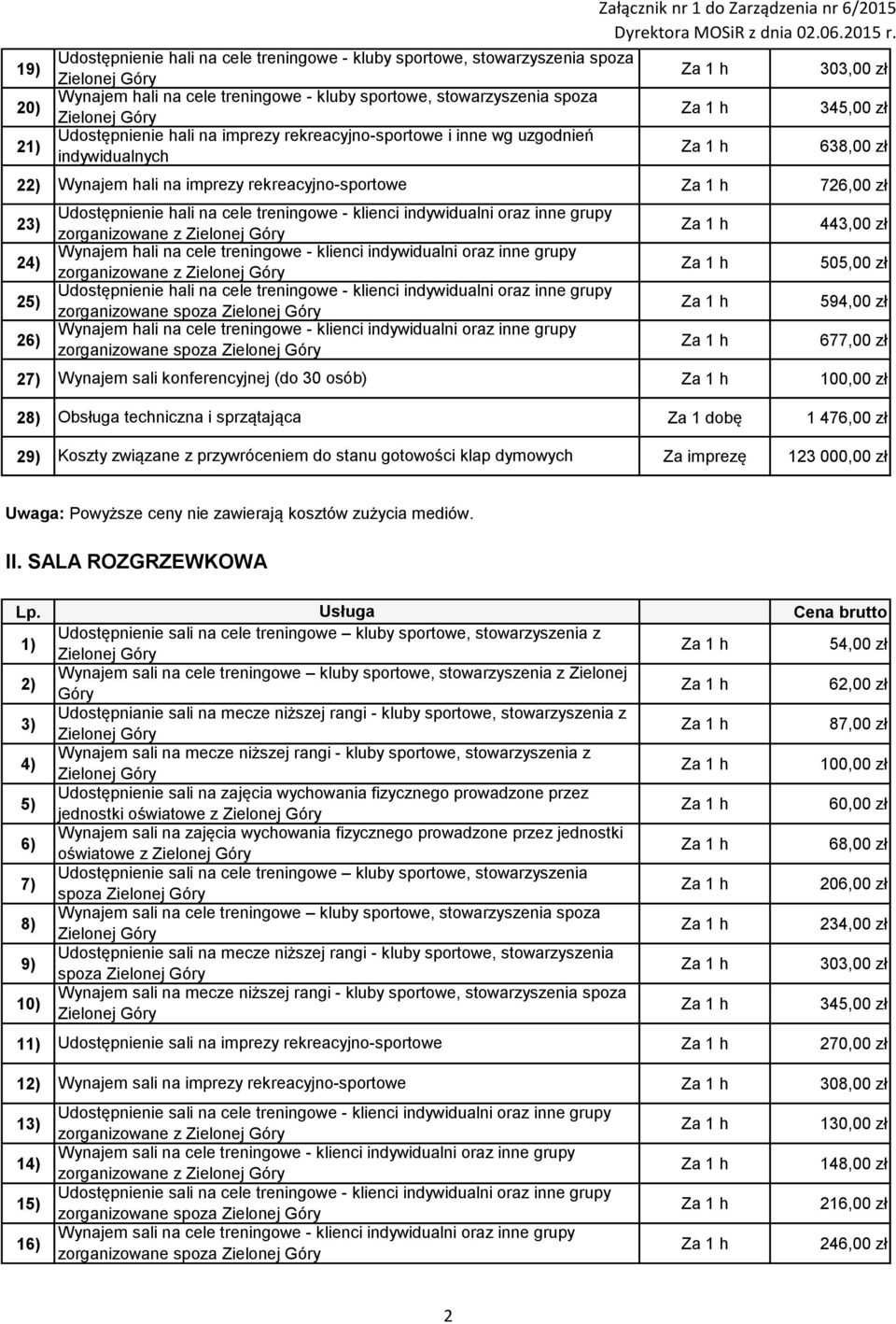 klienci indywidualni oraz inne grupy zorganizowane z Za 1 h 443,00 zł 2 Wynajem hali na cele treningowe - klienci indywidualni oraz inne grupy zorganizowane z Za 1 h 50 25) Udostępnienie hali na cele