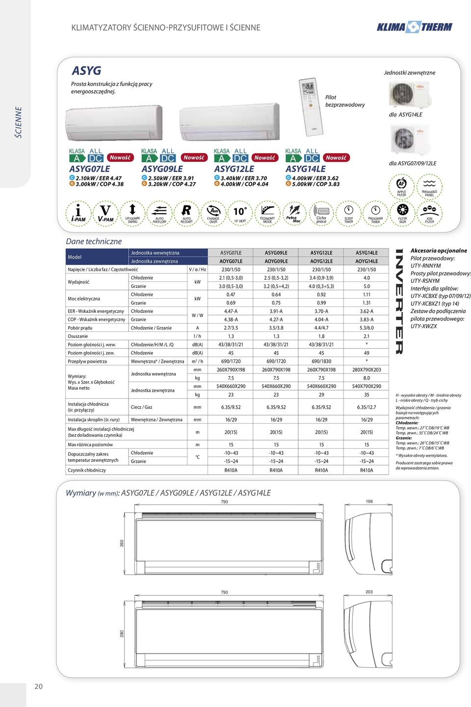 83 dla ASYG07/09/12LE APPLE FILTER WASHABLE PANEL UP/DOWN SWING AUTO AIR FLOW AUTO RESTART CHANGE OVER 10 10 HEAT ECONOMY MODE Pełna Moc Cicha praca SLEEP PROGRAM FILTER SIGN ION FILTER Dane