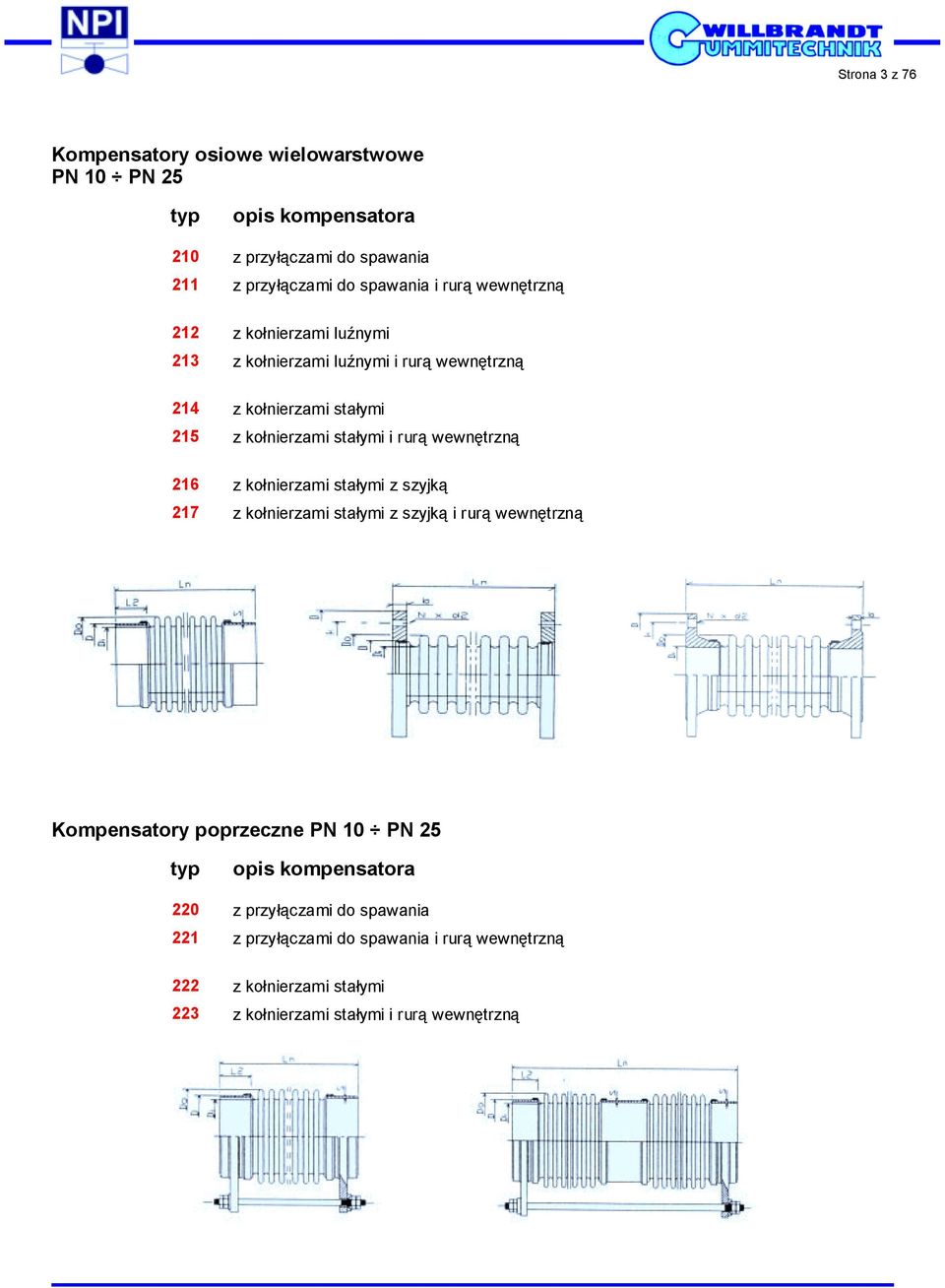 wewnętrzną 216 z kołnierzami stałymi z szyjką 217 z kołnierzami stałymi z szyjką i rurą wewnętrzną Kompensatory poprzeczne PN 10 PN 25 typ opis