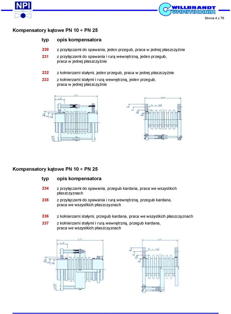 Kompensatory kątowe PN 10 PN 25 typ opis kompensatora 234 z przyłączami do spawania, przegub kardana, praca we wszystkich płaszczyznach 235 z przyłączami do spawania i rurą wewnętrzną, przegub
