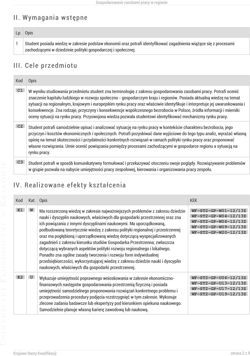 Cele przedmiotu Kod C1 C2 C3 W wyniku studiowania przedmiotu student zna terminologię z zakresu gospodarowania zasobami pracy.