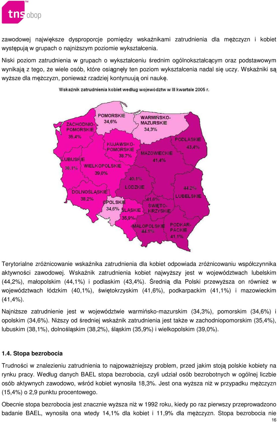 Wskaźniki są wyŝsze dla męŝczyzn, poniewaŝ rzadziej kontynuują oni naukę. Terytorialne zróŝnicowanie wskaźnika zatrudnienia dla kobiet odpowiada zróŝnicowaniu współczynnika aktywności zawodowej.