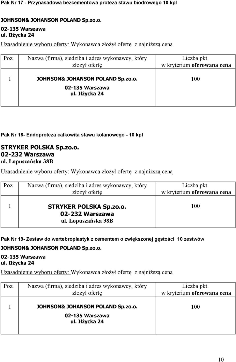 zo.o. Pak Nr 9- Zestaw do wertebroplastyk z cementem o zwiększonej gęstości 0 zestwów JOHNSON& JOHANSON POLAND Sp.zo.o. 02-35 Warszawa Uzasadnienie wyboru oferty: Wykonawca z najniższą ceną JOHNSON& JOHANSON POLAND Sp.