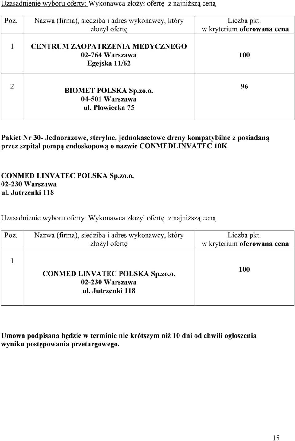 LINVATEC POLSKA Sp.zo.o. 02-230 Warszawa ul. Jutrzenki 8 Uzasadnienie wyboru oferty: Wykonawca z najniższą ceną CONMED LINVATEC POLSKA Sp.
