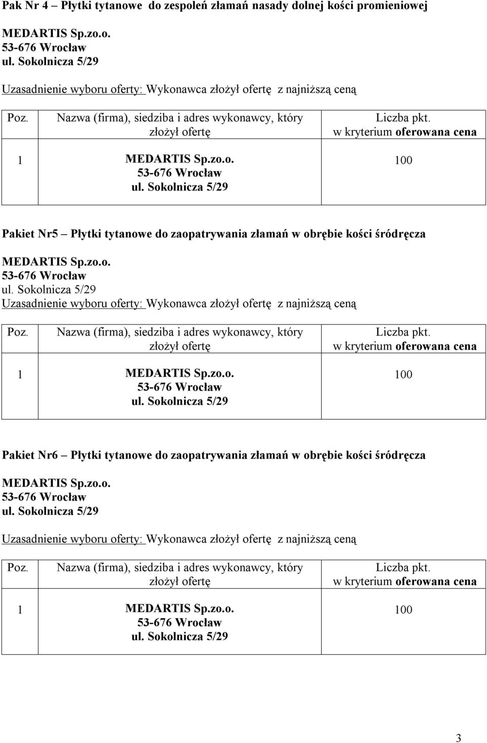 Sokolnicza 5/29 Pakiet Nr5 Płytki tytanowe do zaopatrywania złamań w obrębie kości śródręcza MEDARTIS Sp.zo.o. 53-676 Wrocław ul.