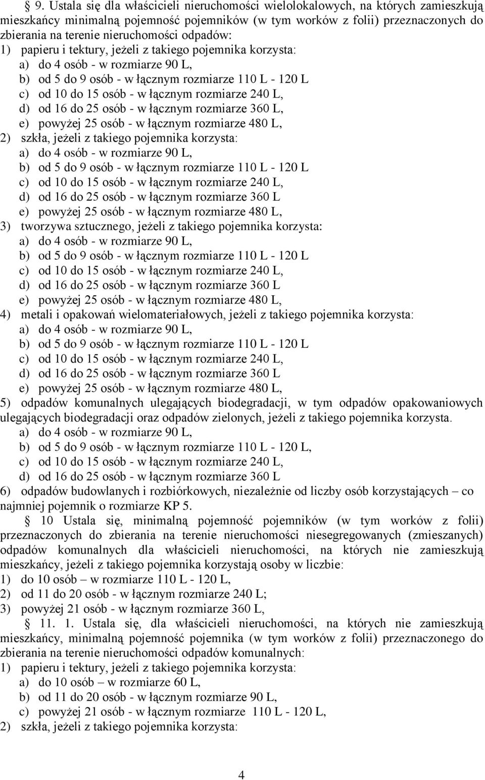 osób - w łącznym rozmiarze 480 L, 2) szkła, jeżeli z takiego pojemnika korzysta: b) od 5 do 9 osób - w łącznym rozmiarze 110 L - 120 L d) od 16 do 25 osób - w łącznym rozmiarze 360 L e) powyżej 25