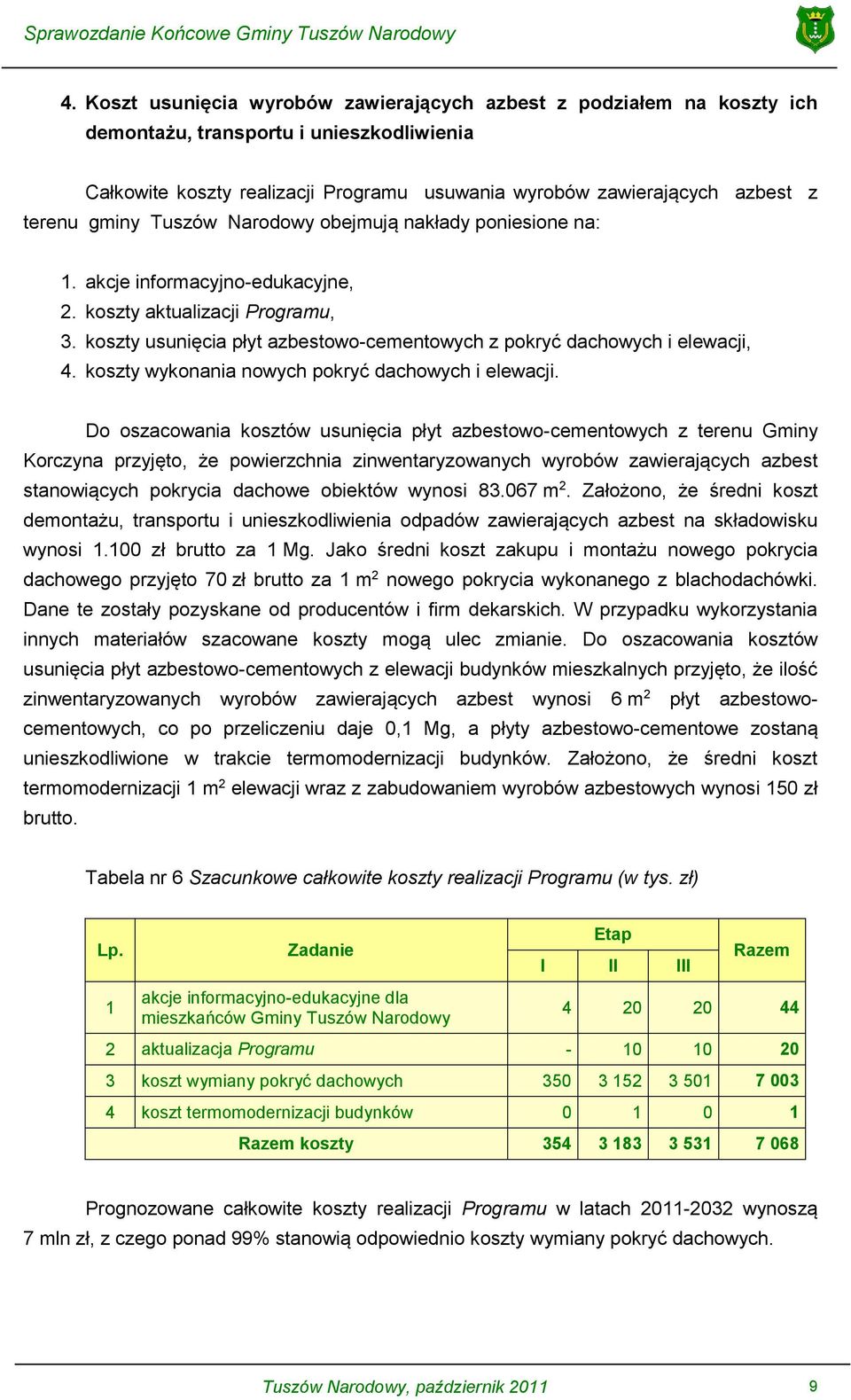 koszty usunięcia płyt azbestowo-cementowych z pokryć dachowych i elewacji, 4. koszty wykonania nowych pokryć dachowych i elewacji.