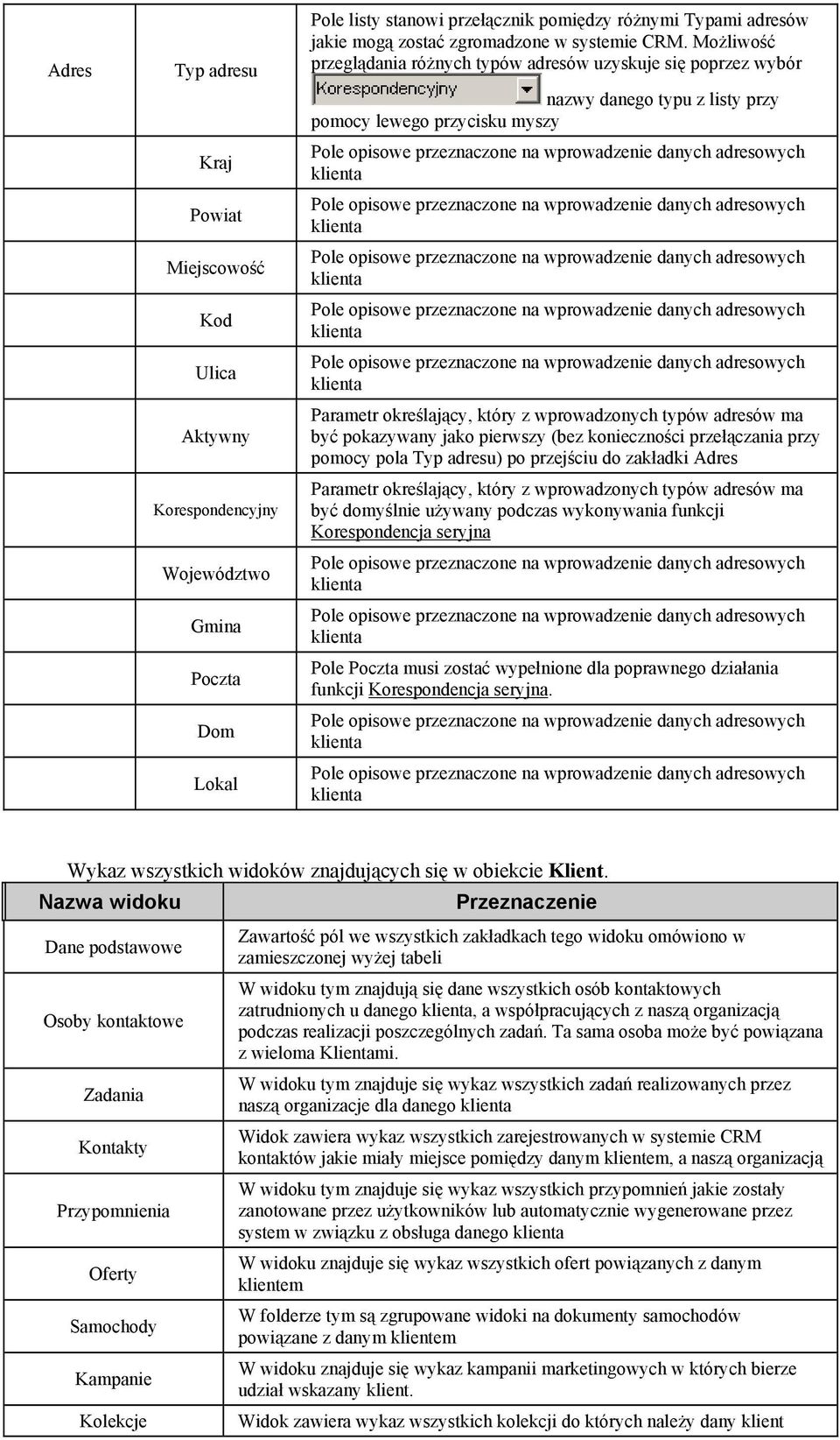 Możliwość przeglądania różnych typów adresów uzyskuje się poprzez wybór nazwy danego typu z listy przy pomocy lewego przycisku myszy Pole opisowe przeznaczone na wprowadzenie danych adresowych