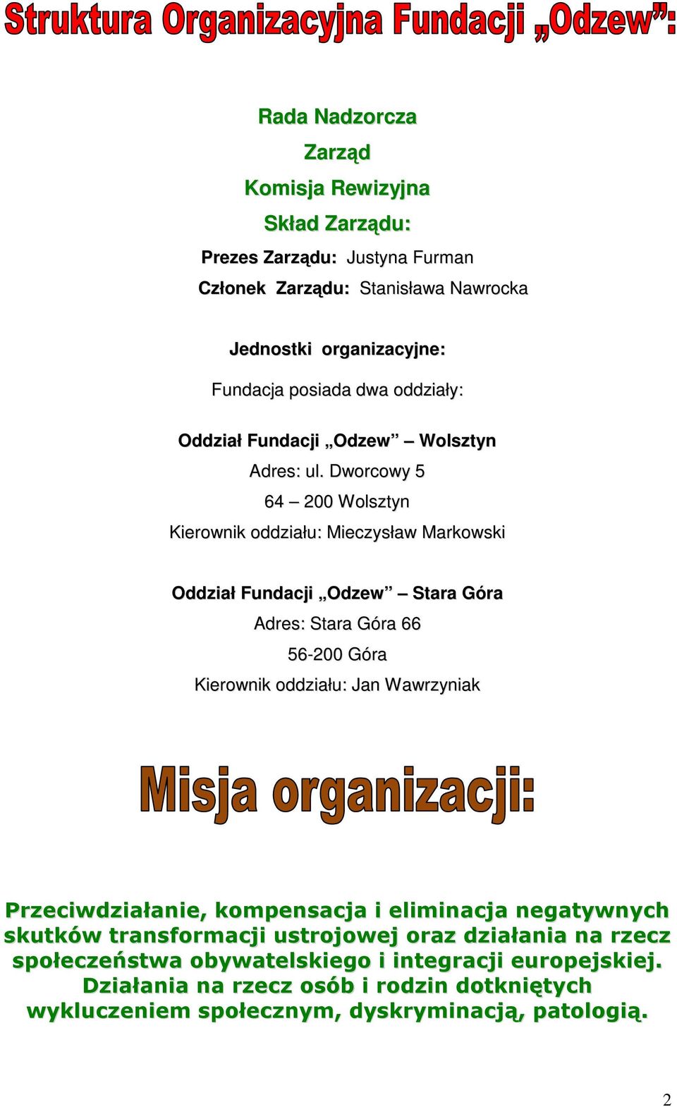 Dworcowy 5 64 200 Wolsztyn Kierownik oddziału: Mieczysław Markowski Oddział Fundacji Odzew Stara Góra Adres: Stara Góra 66 56-200 Góra Kierownik oddziału: Jan