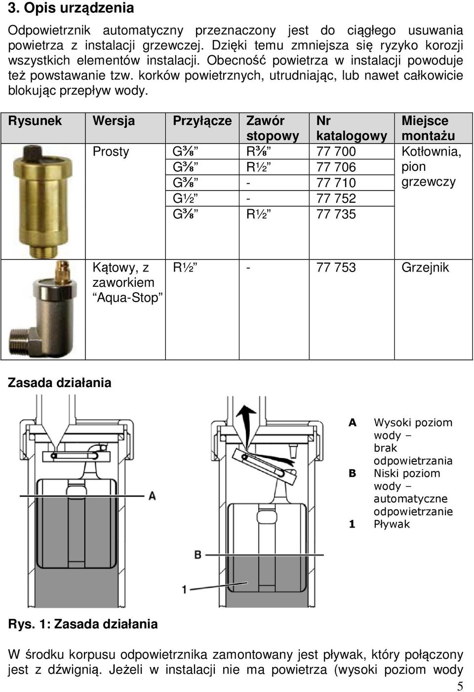 Rysunek Wersja Przyłącze Zawór stopowy Nr katalogowy Miejsce montażu Prosty G⅜ R⅜ 77 700 Kotłownia, G⅜ R½ 77 706 pion G⅜ - 77 710 grzewczy G½ - 77 752 G⅜ R½ 77 735 Kątowy, z zaworkiem Aqua-Stop R½ -